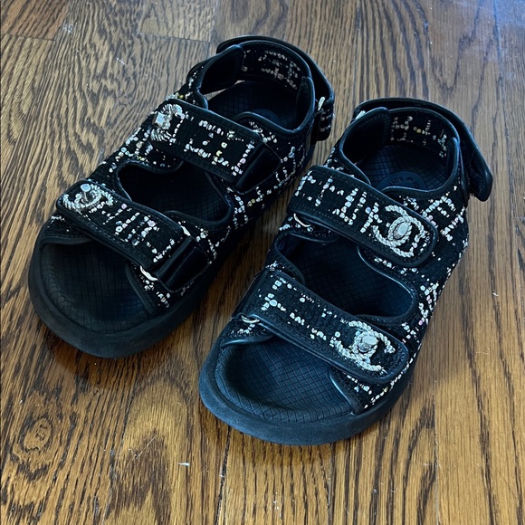 CHANEL Shoes - 100% authentic CHANEL Black colorful tweed dad sandal size 35 / 6